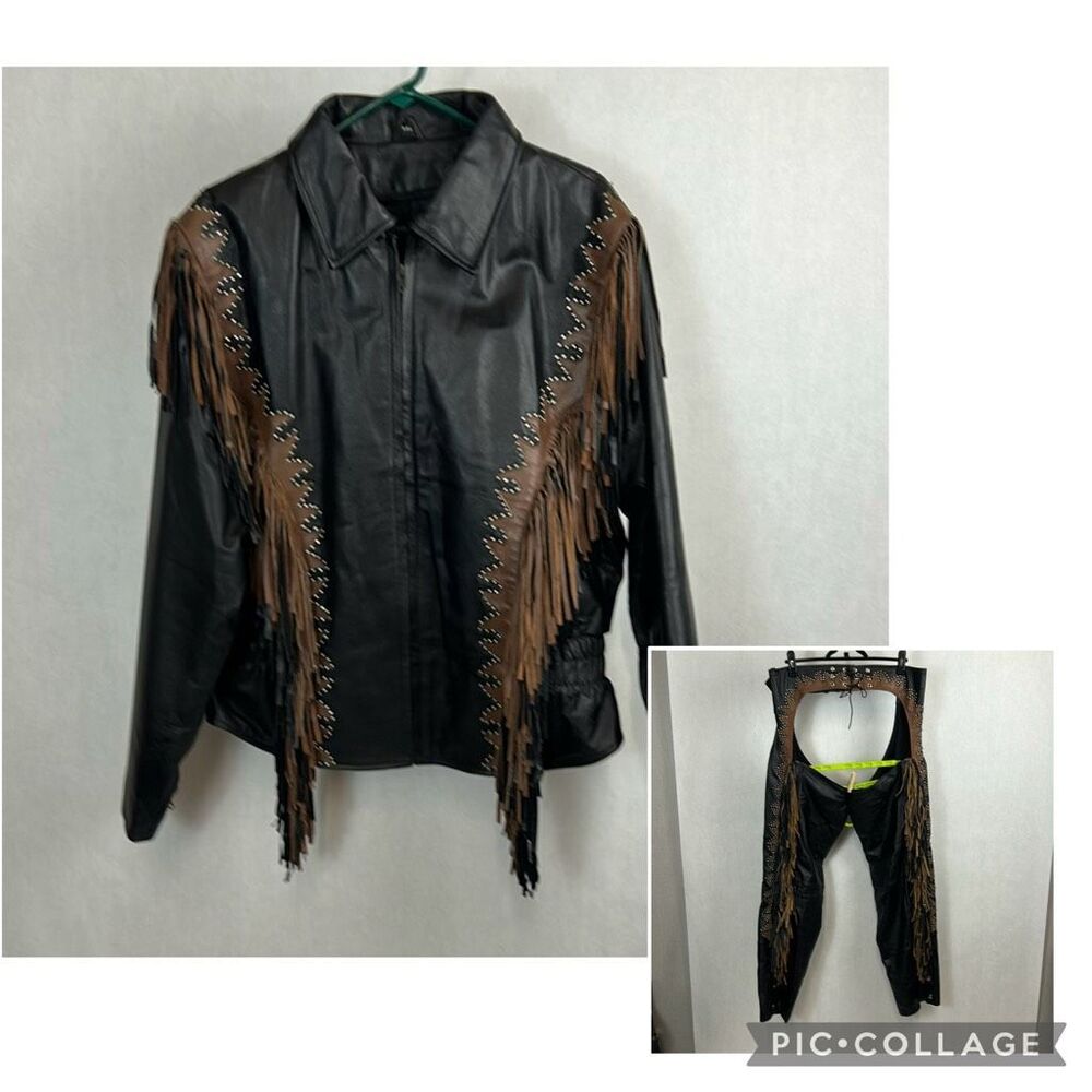 Vtg Studded Leather Fringe Jacket & Chaps Sz XL 80s 90s USA Bikers Black Brown